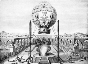 RELEASING A HOT-AIR BALLOON made by the Montgolfier brothers in 1783