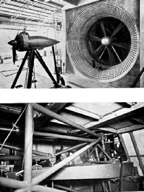 AN ENGINE AND ITS NACELLE being fitted into place in the wind tunnel of the Royal Aircraft Establishment