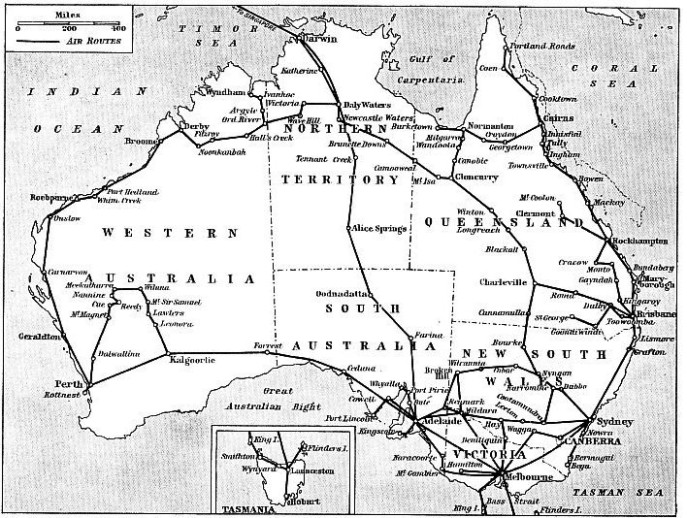 MAP SHOWING ALL THE IMPORTANT AIR ROUTES OF AUSTRALIA