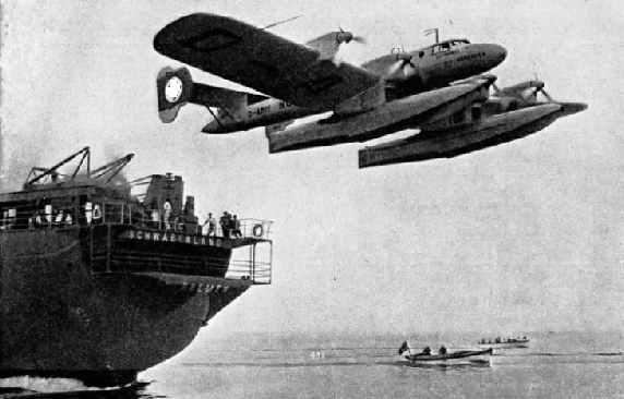 CATAPULT SHIPS ARE USED AS BASES for seaplanes operating the German air mail services