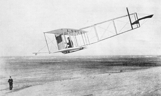 ONE OF THE WRIGHT BROTHERS MAKING A GLIDE at Kitty Hawk, North Carolina