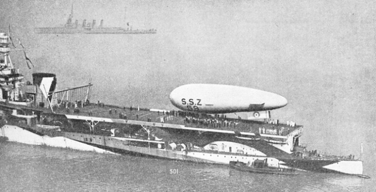 AN EXPERIMENTAL LANDING of a non-rigid airship on the deck of H.M.S. Furious